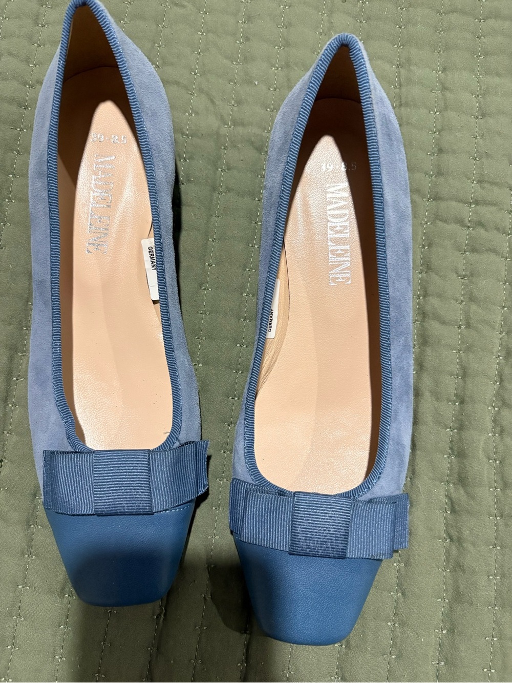 Madeline Dusty Blue Suede Bow Square-Toe Flats